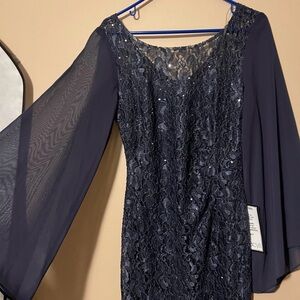 Navy Lace Sequin Evening Gown with Sheer Bell Sleeves